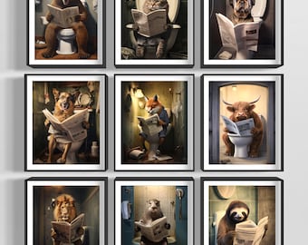 May include: A collection of nine framed illustrations featuring various animals reading newspapers while sitting on toilets. The animals include a bear, a cat, a dog, a fox, a cow, a lion, a sloth, and an otter.