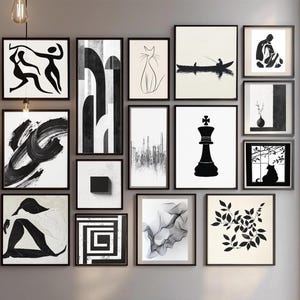 Stampe artistiche da parete in bianco e nero, decorazioni da parete con arte astratta nera, SET da 300 pacchetti stampabili, arte da parete minimalista da galleria,