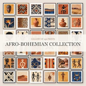 May include: A collection of 250 square art prints titled AFRO-BOHEMIAN COLLECTION. The grid displays diverse imagery including terracotta pottery, tribal masks, geometric patterns, leopard print, desert landscapes, and figures in traditional attire.