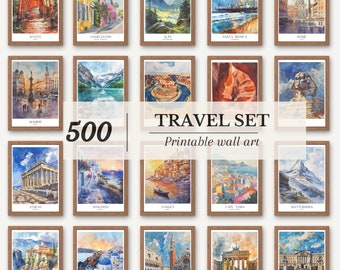 500 Travel Posters Bundle, Printable City Wall Art Set, Retro Travel Print Collection, Gallery Wall Download, Digital Wall Art