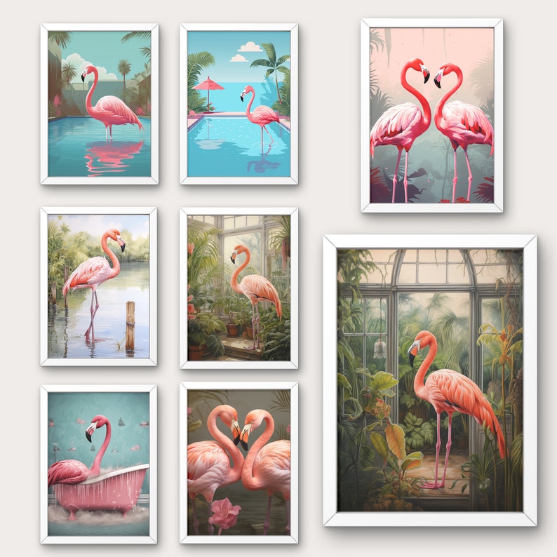 40 Flamingo Prints Set, Tropical Wall Art Bundle, Cute Flamingo Home ...