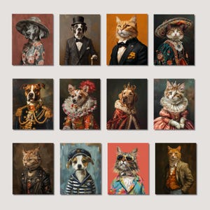 以下が含まれることがあります： さまざまなペットが精巧な衣装を着ている10枚の画像のコラージュ。ペットには、帽子、王冠、その他のアクセサリーを身に着けた犬と猫が含まれます。画像は、赤、オレンジ、青など、さまざまな背景に設定されています。