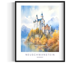 Neuschwanstein Travel Poster, Fairytale Castle Print, Printable Wall Art, Digital Download, Neuschwanstein Art Print, Germany Travel Gift