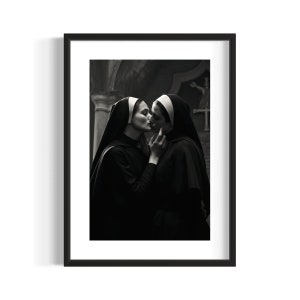 Nuns Kissing Black and White Print Poster Print Black and White Art Vintage Wall Art