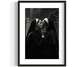 Nuns Kissing Black and White Print Poster Print Black and White Art Vintage Wall Art