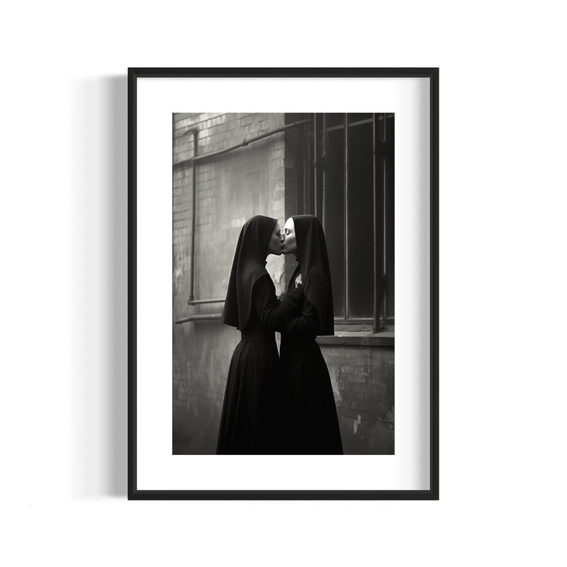 May include: Two women wearing black habits and white head coverings are kissing in front of a brick wall. The women are standing in a doorway with a metal gate behind them.