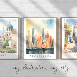 Custom City Travel Prints – Set of 3 Posters | Framed or Canvas | Any Destination Wall Art | Personalized Travel Gift