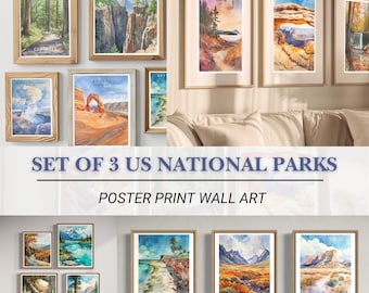 Posters nationaal park VS set van 3, vintage reisafdrukcollectie, kunst aan de muur nationaal park, decor natuur, reiscadeauset