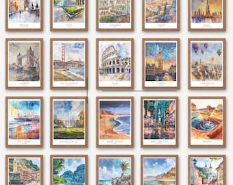 Puede incluir: Un collage de pinturas de acuarela que representan monumentos y lugares famosos de todo el mundo. Cada pintura está enmarcada en un marco de madera marrón y presenta un estilo y una paleta de colores únicos.