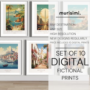 Set of 10 Digital  Travel Prints   FICTIONAL  Travel Prints   Wall Decor   Customization available