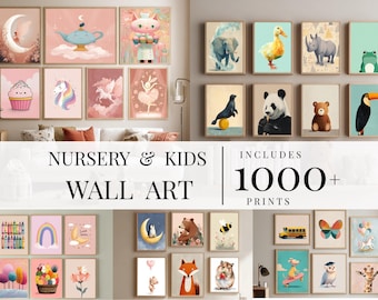 Nursery Wall Art Bundle 1000 Kids & Toddler Room Prints, Baby Nursery Decor, Playful Animal Modern Kids Posters, Digital Download