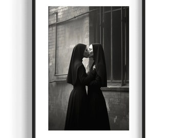 Nuns Kissing Poster, Funny Black and White Photography Print, Quirky Vintage Wall Art, Statement Living Room Decor, Funny Gift