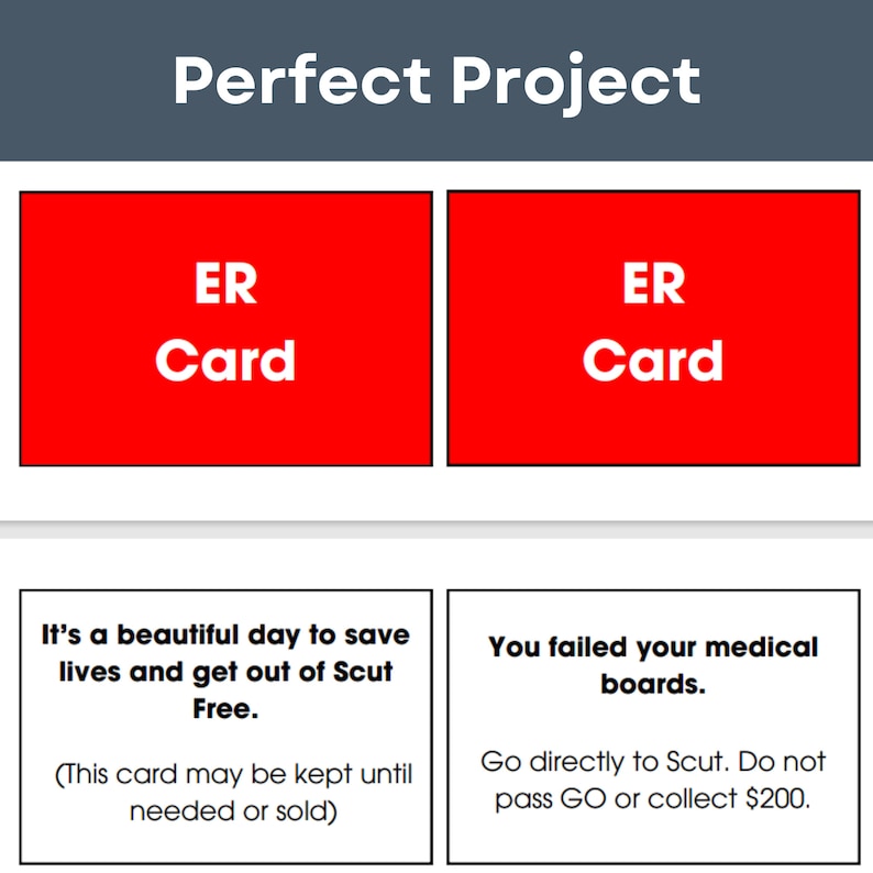 May include: Two red cards with the text "ER Card" on them. The card on the left has the text "It's a beautiful day to save lives and get out of Scut Free. (This card may be kept until needed or sold)". The card on the right has the text "You failed your medical boards. Go directly to Scut. Do not pass GO or collect $200."