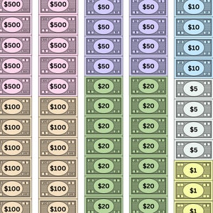May include: A set of Monopoly game money in various denominations, including $500, $100, $20, $10, $5, and $1. The money is printed on different colored paper and features a variety of designs.