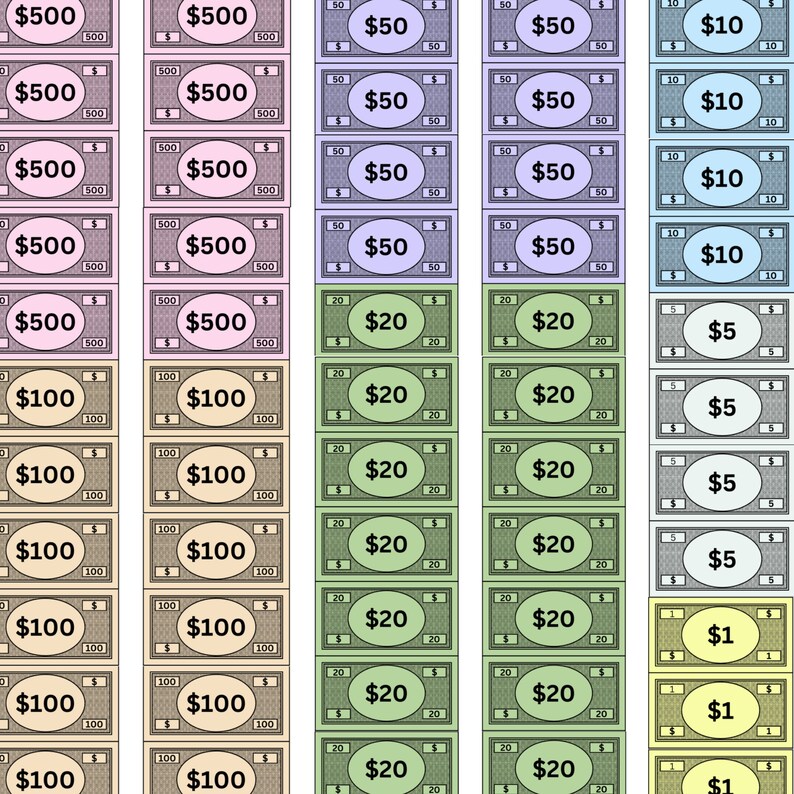 May include: A set of Monopoly game money in various denominations, including $500, $100, $20, $10, $5, and $1. The money is printed on different colored paper and features a variety of designs.