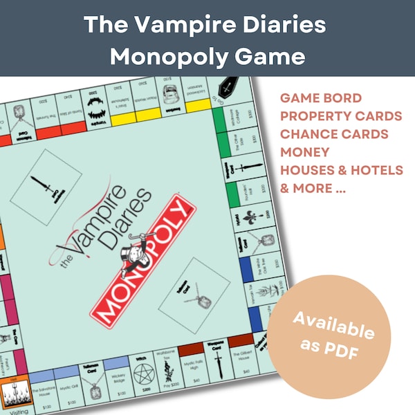 Jeu de société Monopoly Vampire Diaries | Impression numérique | Parfait pour une soirée jeux | Cadeaux TVD pour anniversaire et Noël