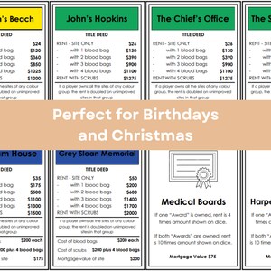May include: A colorful game board with a title deed card for John's Hopkins. The card has a green background and lists the rent for the property with different numbers of blood bags. The card also includes a rent with scrubs option. The text "Perfect for Birthdays and Christmas" is written in a large font on a peach background.