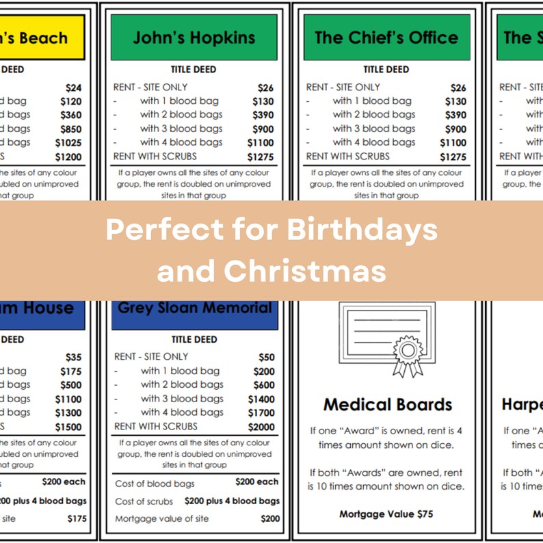 May include: A colorful game board with a title deed card for John's Hopkins. The card has a green background and lists the rent for the property with different numbers of blood bags. The card also includes a rent with scrubs option. The text "Perfect for Birthdays and Christmas" is written in a large font on a peach background.