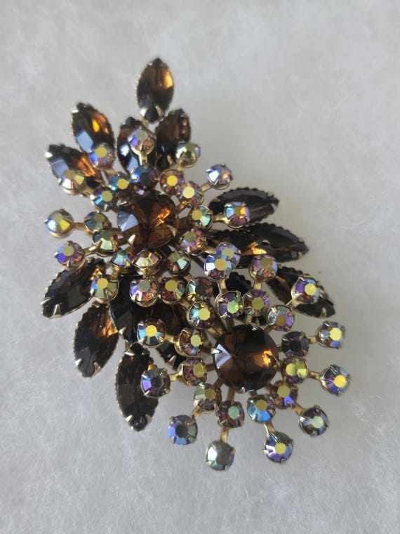 Vintage Rhinestone Brooch: AB Topaz Floral Pin