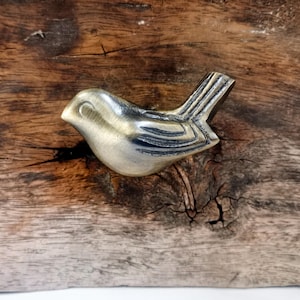 May include: A metallic bird-shaped cabinet knob with a brushed gold finish. The knob features engraved lines detailing the wing and tail feathers, with a smooth, rounded body and a curved beak, designed for attachment to furniture or cabinetry.
