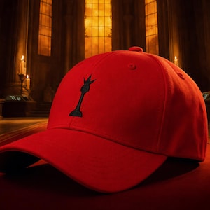 May include: A bright red baseball cap with a black embroidered design on the front. The cap is sitting on a red surface. The background features a dimly lit room with candles and stained-glass windows.