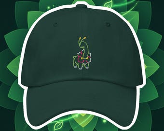 May include: A dark green baseball cap with a white brim and a small embroidered design of a green creature with yellow antennae and a pink and white floral collar. The cap has a curved brim and a fabric strap closure.