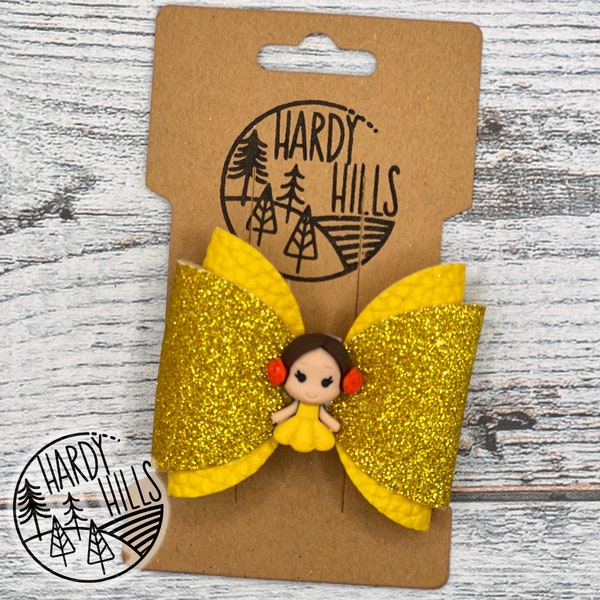 Belle Yellow Princess Hair Bow, Gold Glitter Bow Clip, Belle Bow, Princess Bow, Princess Party Accessory, Girl's Dressup Sparkly Hair Clip,