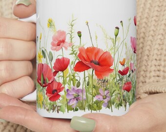 Poppy Meadow Ceramic Mug: Red Floral Coffee Cup, Nature Lover Gift for Her, Summer Drinkware for Mom