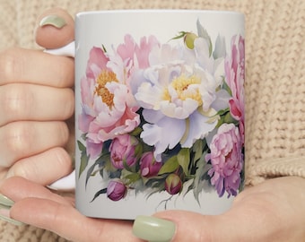 Beautiful Pink Peony mug, Peony coffee mug, Peony Gift, Peony lovers Mug, Flowers for her, Pink Mug, Home decor,  Floral Mug Gift for Her