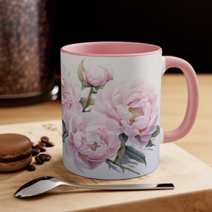 Beautiful Pink Peony mug, Colored Handle Peony Mug, Peonies coffee mug, Peony Gift for Her, Botanical Art, Romantic Summer Decor for Kitchen