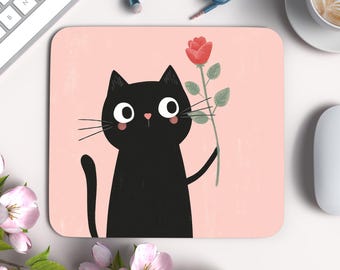 Cat & Rose Mouse Pad: Kawaii Floral Desk Decor, Non-Slip Neoprene