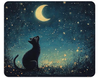 Black Cat Mouse Pad: Crescent Moon, Starry Night Office Decor, PC accessories for Worker