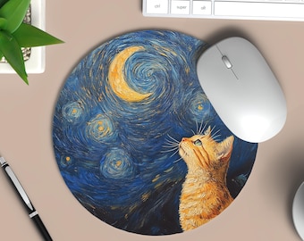 Whimsical Cat Moon Mouse Pad: Ginger Cat Lover Gift
