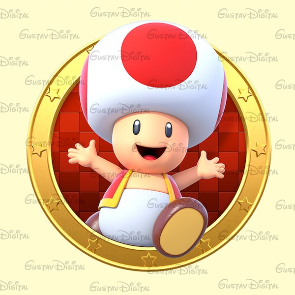 Super Mario Red Toad Circle Logo Png,Super Mario Family,Toad Png,Red Toad Golden Circle LogoPng,Mario Family Png,Mario Characters Png