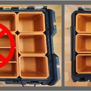 May include: A black plastic storage box with multiple removable compartments. The compartments are arranged in a grid pattern. The image shows two different configurations of the compartments. The first configuration is incorrect, with the compartments arranged in a way that does not allow for optimal storage. The second configuration is correct, with the compartments arranged in a way that allows for optimal storage.