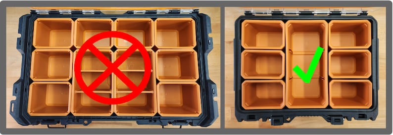 May include: A black plastic storage box with multiple removable compartments. The compartments are arranged in a grid pattern. The image shows two different configurations of the compartments. The first configuration is incorrect, with the compartments arranged in a way that does not allow for optimal storage. The second configuration is correct, with the compartments arranged in a way that allows for optimal storage.