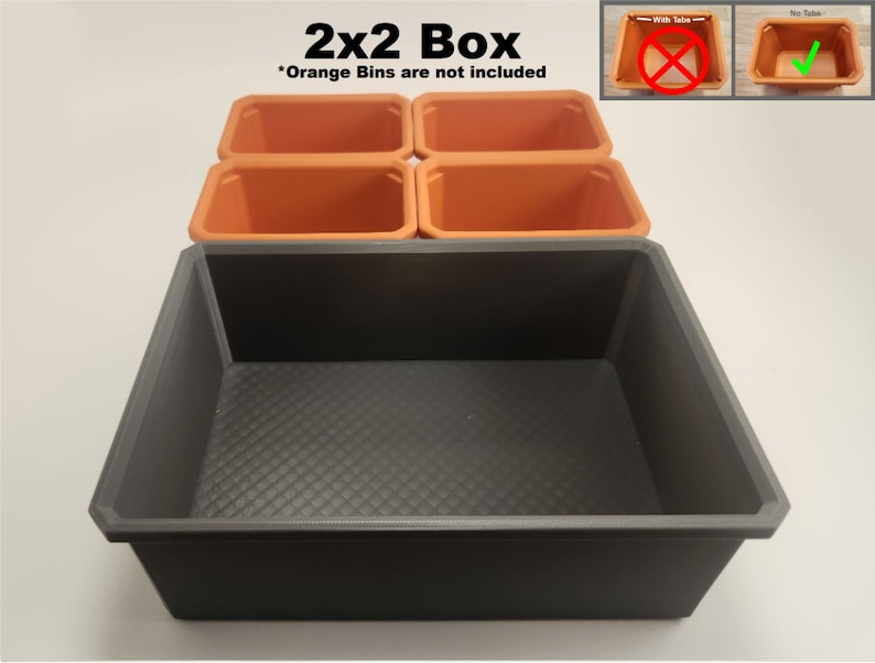May include: A black plastic storage box with four orange plastic bins inside. The box is labelled "2x2 Box" and "Orange Bins are not included".
