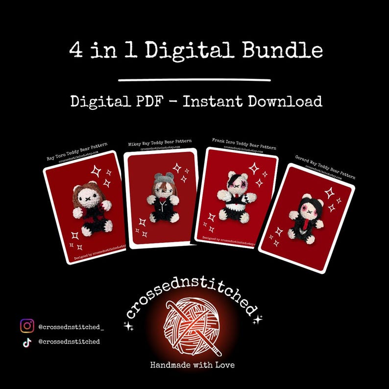 May include: A digital bundle featuring four crochet teddy bear patterns. Each pattern card, set against a red background, showcases a unique bear design. The text "4 in 1 Digital Bundle" and "Digital PDF - Instant Download" are displayed at the top.