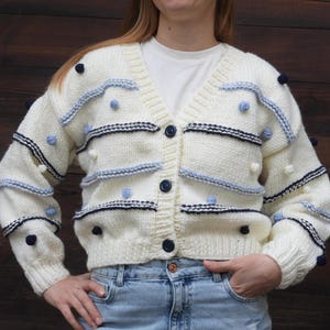 Hand Knitted Pom Pom Cardigan,Pom Pom Sweater Chunky Croped cardigan,Christmas Gift,Unique Gift/White Cardigan