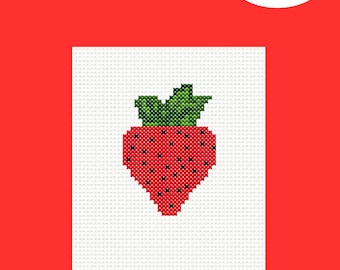 May include: A cross-stitch pattern of a red strawberry with green leaves. The pattern is available as a PDF download.