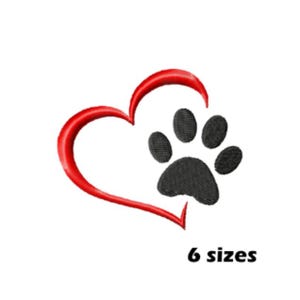 May include: Red heart outline with a black paw print inside. The text "6 sizes" is below the image.