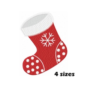 May include: Embroidered red Christmas stocking with white accents, including a snowflake and polka dots. The top of the stocking is white with a textured design. The text "4 sizes" is displayed in black.