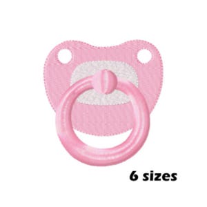 May include: Pink baby pacifier with a white center and a ring handle. 6 sizes.