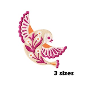 Folk Art Bird Embroidery Design, Floral Scandinavian Style Stitch, 3 Sizes Included, Peace Dove Machine File, Instant Download