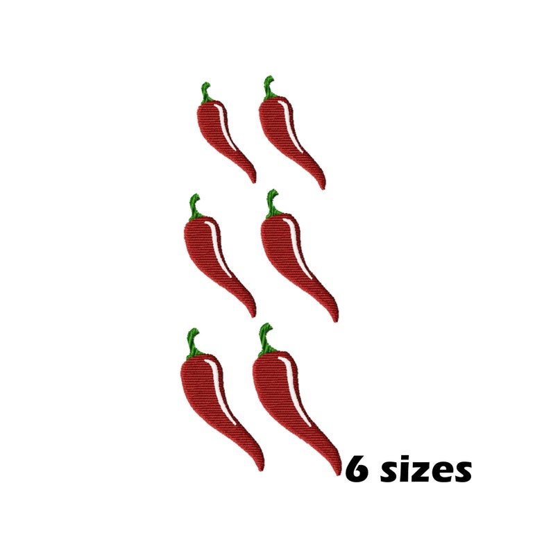 May include: Six red chili peppers with green stems, arranged vertically in pairs, with the text "6 sizes" below.