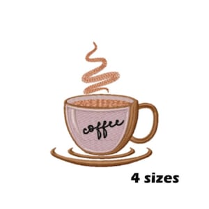May include: Embroidered coffee cup design with the word "coffee" in a script font. The cup is light pink with a brown handle and saucer. Steam rises from the cup. The text "4 sizes" is below the cup.