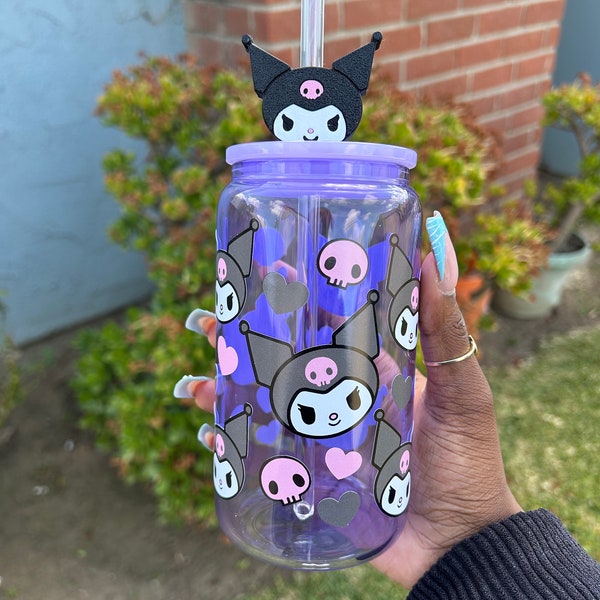 16oz Purple Kuromi Hearts Skulls Glass Cup/Libbey Glass/Glass Cup/Custom Cup/Kuromi/Kawaii/Sanrio/Pink