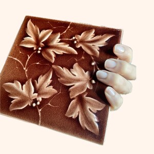 May include: A square, brown tile with a raised leaf design. The leaves are a lighter shade of brown and are arranged in a repeating pattern. The tile is held by a hand.