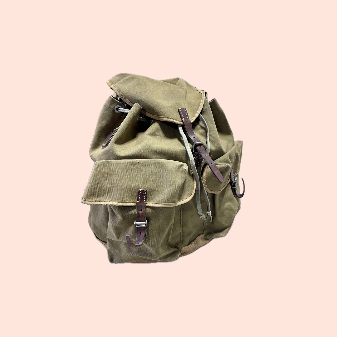 Vintage Army Military Rucksack Backpack Leather Canvas RARE Etsy