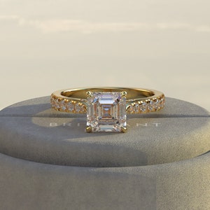 2 Carat Asscher Cut Lab Grown Diamond Engagement Ring - Hidden Halo & Pave Setting - White Gold, Yellow Gold, Rose Gold